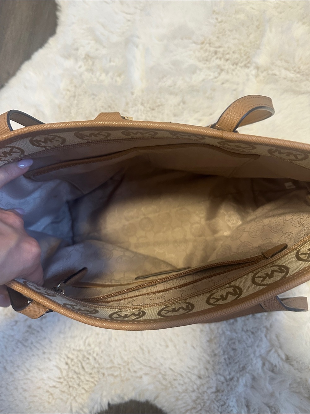 Michael Kors Tan & Beige MK Logo Canvas Tote - Picture 6 of 8